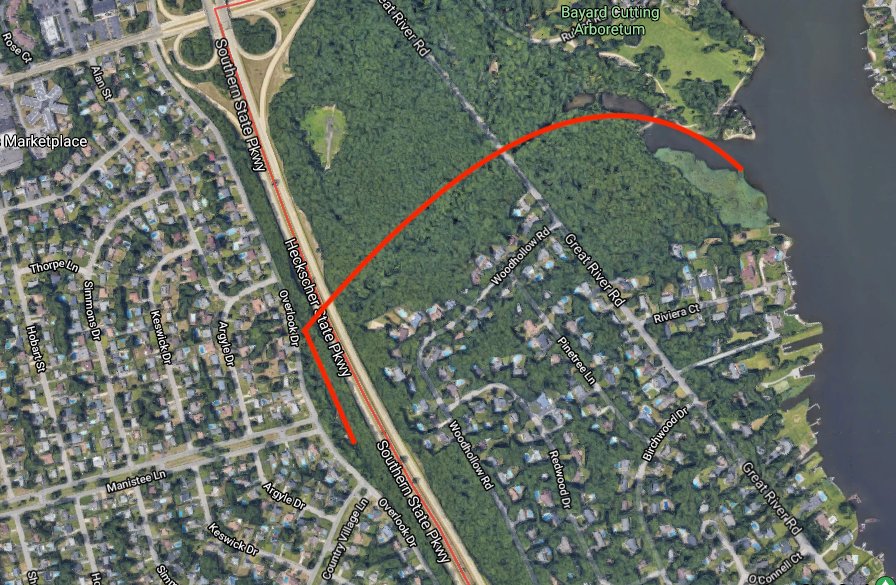 A Google Maps screenshot displays the area in East Islip. The red line serves as the estimated path the runoff water follows, which flows out into the  Connetquot River.